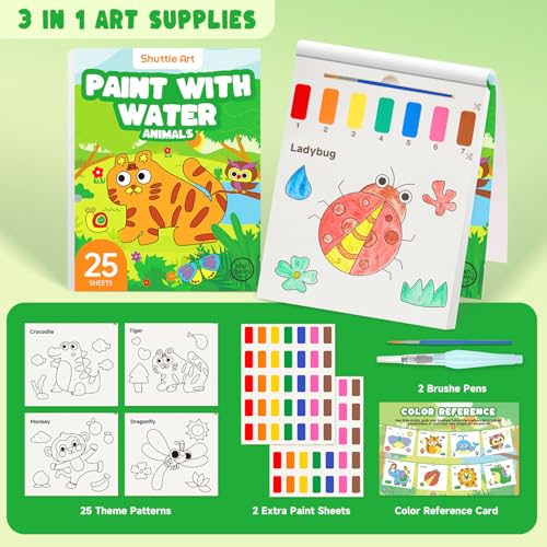 Image of Shuttle Art Paint with Water Coloring Book for Kids, 25 Animals Themed Pages with 2 Brushes, Mess-Free Watercolor Paint Set, Travel-Friendly Art Craft Gift for Toddlers, Birthday Christmas Gift
