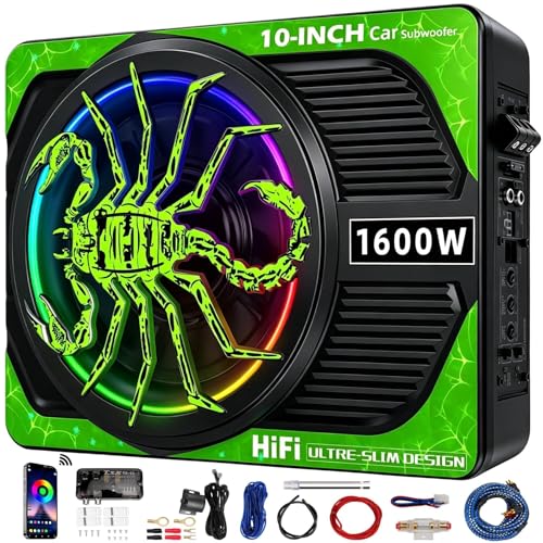 Image of 2026 Upgraded 10 inch 1600W Slim Under Seat Car Subwoofer with Built-in Amp & LED Ambient Lights - Low Profile Bass Sub for Car Audio Individual Controls (LPF /Gain /Bass Boost) High Output Distortion-Free