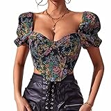 Aularso Court Vintage Floral Corset Top Puff Sleeve Corset Tops Bustier Zipper Summer Going Out Crop Top for Women (as1, alpha, l, regular, regular, Dark green)
