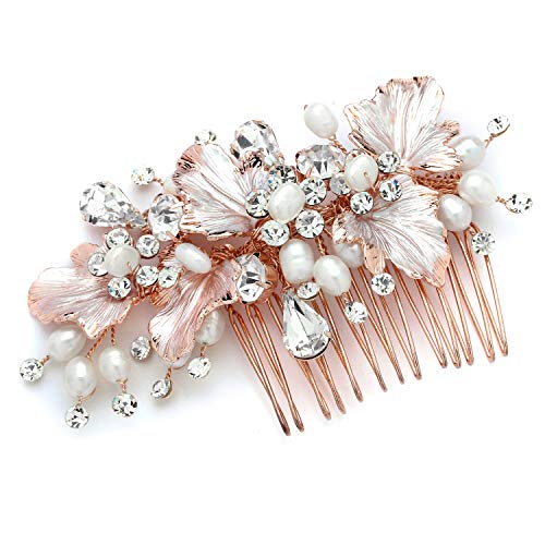 Mariell Couture Rose Gold Bridal Hair Comb Headpiece - Hand Painted Leaves, Freshwater Pearls & Crystals