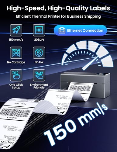 Image of Phomemo Thermal Label Printer with Ethernet & Bluetooth Connectivity with 100 Labels Transparent Thermal Labels 4x6, Compatible with iPhone, Android, Shopify, Amazon, USPS