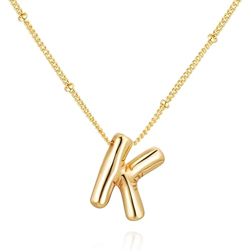 Chunky Bubble Initial Letter Necklace for Women Balloon Statement Dainty Alphabet Pendant 14K Gold Plated Puffy Name Personalized Jewelry