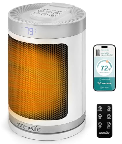SereneLife Smart Space Heater – 1500W Indoor Electric Heater with Thermostat, Remote Control, 12-Hour Timer, Wi-Fi Enabled PTC Ceramic Heating for Home and Office, White (5.9' x 5.9' x 9.5')