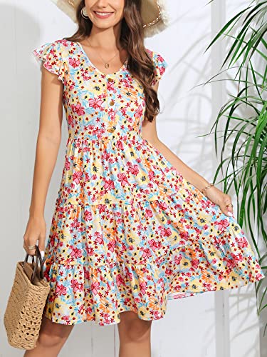 Image of Lamilus Summer Dresses for Women 2026 Ruffle Sleeve V Neck Non-See Through Tiered Babydoll Mini Dress Graduation Beach