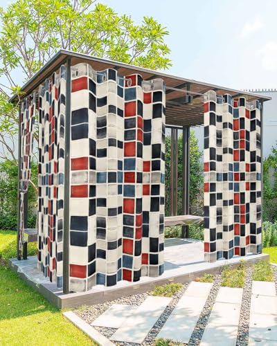 Ukaaqara Outdoor Curtains for Patio Waterproof, Abstract Color Block Black White Red Geometric Art Deco Grommet Curtains for Porch Outside Privacy Drape for Gazebo Garden Pergola, 1 Panel, 54x84in