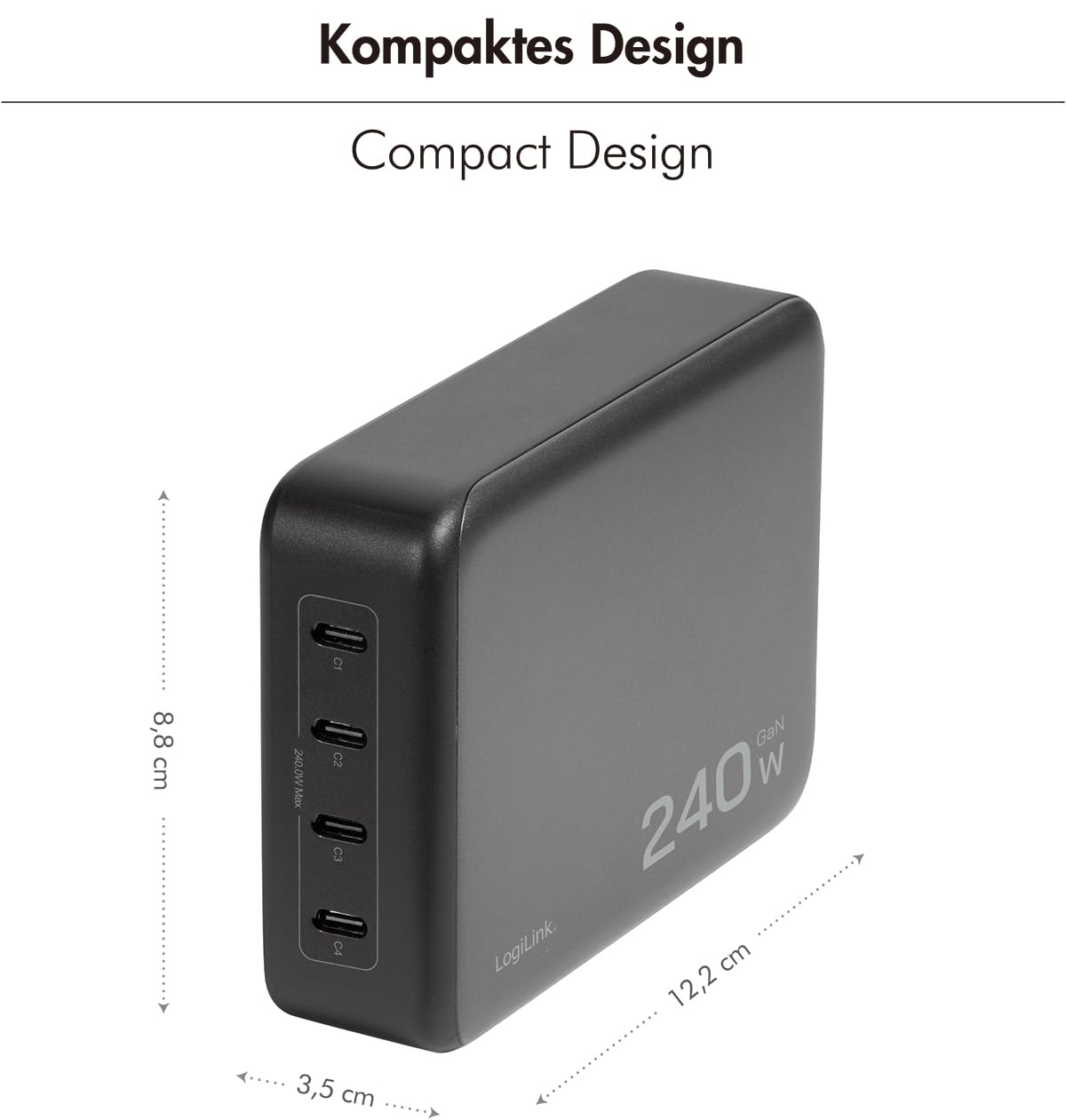 LogiLink PA0353 - Caricatore intelligente GaN (nitruro di gallio) 240 W, 4 x USB-C PD 3.1 (PowerDelivery)