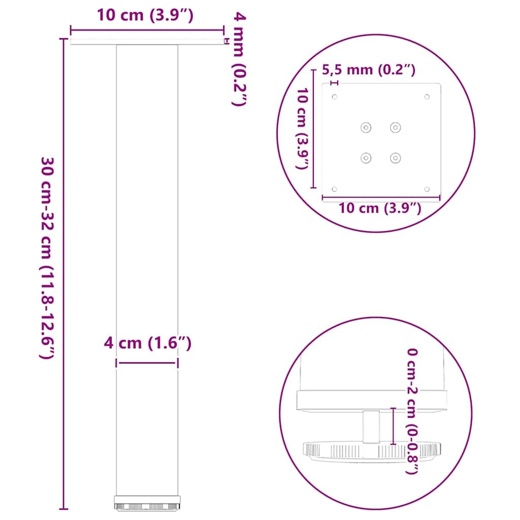 Patas de mesa de café, 4 unidades, acero negro, 30 – 32 cm, altura regulable, con tornillos, patas de muebles para mesa de café, estructura de mesa, estable, antideslizante, diseño industrial