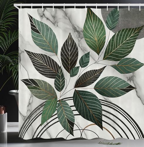 Ambesonne Boho Shower Curtain, Abstract Modern Winter Vibe Leaves on Marble Print with Circular Lines, Cloth Fabric Bathroom Decor Set with Hooks, 69" W x 70" L, Green Dimgray Pale Grey