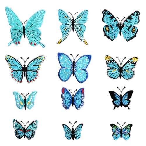 JURENEE 12 Pièces Écusson de Papillon Bleu, Écusson de Broderie, Patch de Papillon en Polyester, Autocollants de Papillon Appliques à Coudre DIY, Ecusson...