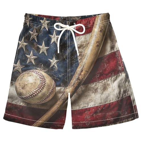 Boys Beach Board Shorts America Flag Baseball Retro Swim Trunk Teen Swimwear