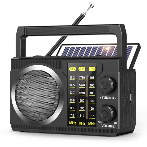 PRUNUS J-135 AM FM Radio Portable Bluetooth, Solar/AA Battery Operated/USB-C Rechargeable for Emergency, Transistor Radios with Flashlight,Support TF Card/USB Playing, Large Knob Easy to Use