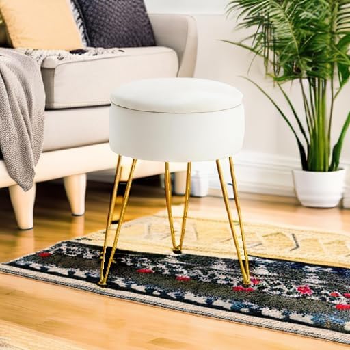 Miniatura 6 de LUE BONA Taburete de terciopelo para sala de maquillaje, otomana de almacenamiento redondo beige, taburete para tocador con patas doradas, silla de
