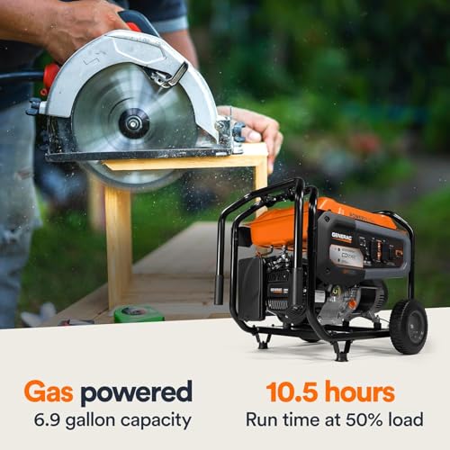 Image of Generac 8,125 Starting Watt Portable Gas Generator with Extension Cord, PowerRush Technology, COsense Carbon Monoxide Detection, 10.5 Hour Runtime, Home Backup Emergency Power, 49-State Compliant