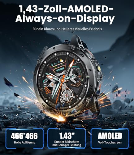 LIGE Reloj Inteligente Hombre, 1.43» AMOLED Smartwatch Hombre con lLED Linterna, 530mAh, Llamadas Bluetooth, 24/7 Pulsómetro SpO2 y Sueño, IP68 Impermeable para Android iOS - Imagen 3