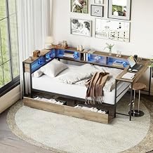 Modern Full Size Corner Bed Frame with Storage Bookcase and Desk, 2 Underbed Drawers, LED Lights& Charging Station, Space-Saving L-Shaped Design, Metal Daybed, 96.9"L x 61.86"W x 31.5"H Grey, Full