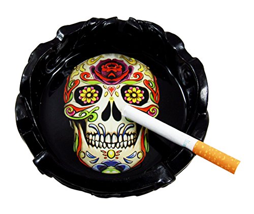 Atlantic Collectibles Black Day of The Dead Sugar Skull Cigaretter Ashtray Resin Figurine