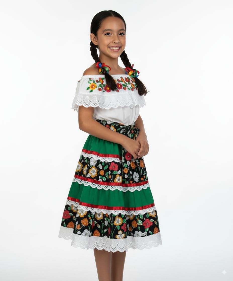 Girls’ Mexican Traditional Floral Dress with Lace and Embroidery for Cinco De Mayo and Fiestas