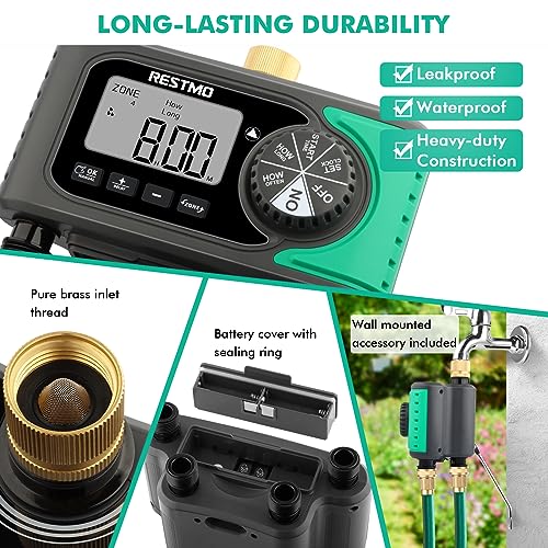 RESTMO 4-Outlet Sprinkler Timer with Brass Inlet, 4 Zone Programmable Water Timer for Garden Hose, Automatic Digital Control | Manual ON/Off | Rain Delay, for Outdoor Faucet, Drip Irrigation and Lawn by Restmo - Image 6