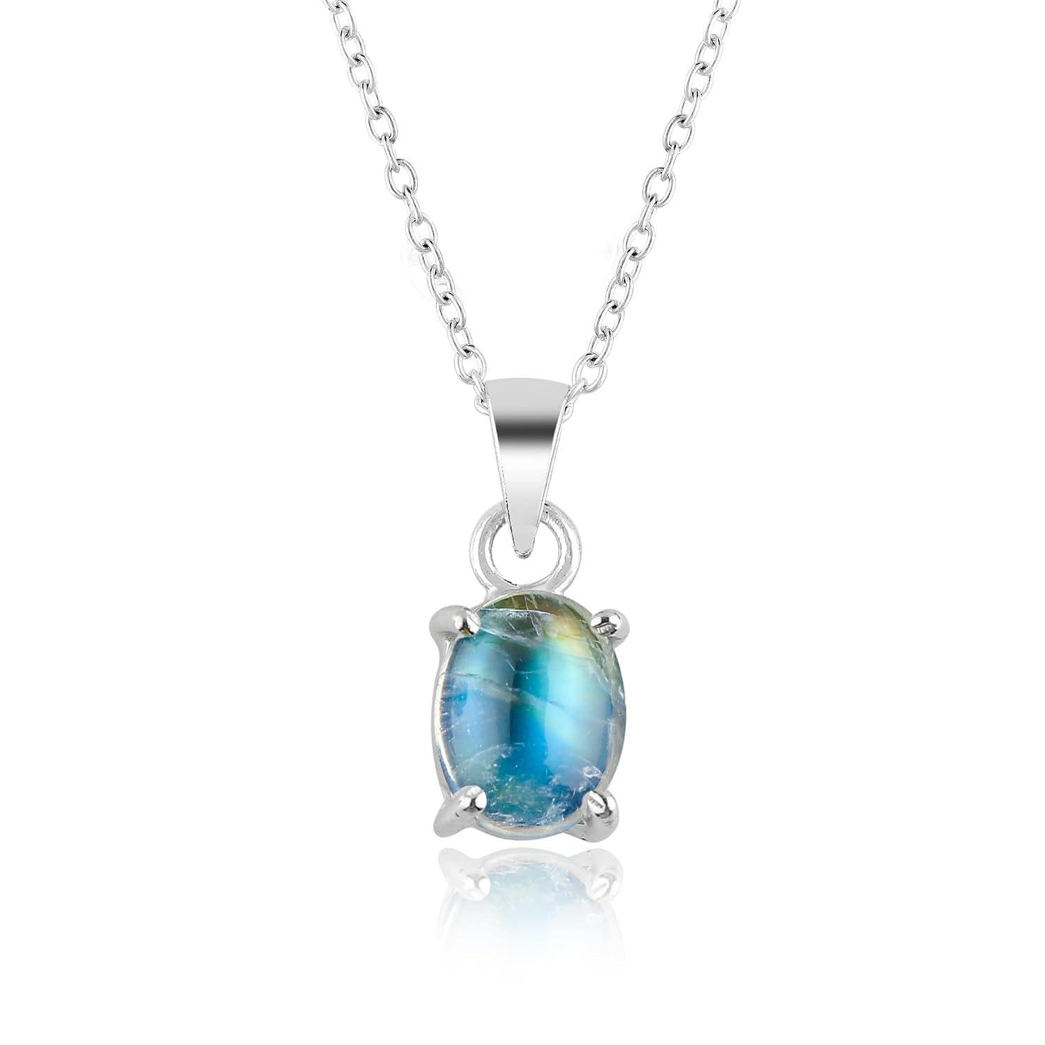 CRYSTALIS Natural Rainbow-Moonstone Gemstone Cabochon Crystal Pendant Necklace, Best Grade Crystals in Prong, Chakra Healing Women Gift Jewelry, Rhodium Over 925 Sterling Silver...