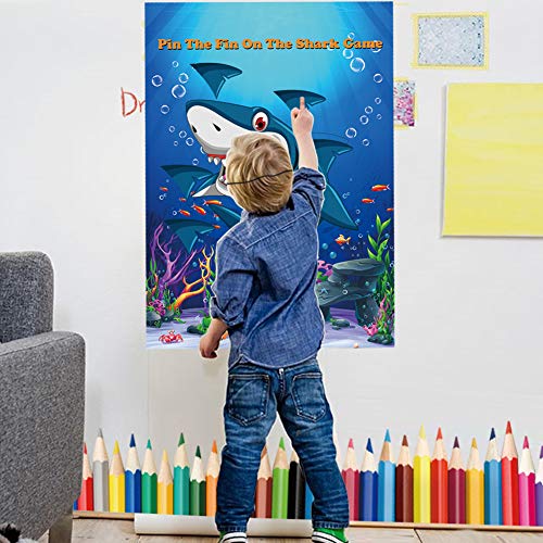 Pin The Fin On The Shark Game For Kids Birthday Shark Party Supplies Ocean Theme Party Decorations, Large Blue Shark Poster With 48 Pcs Fins #TOP4