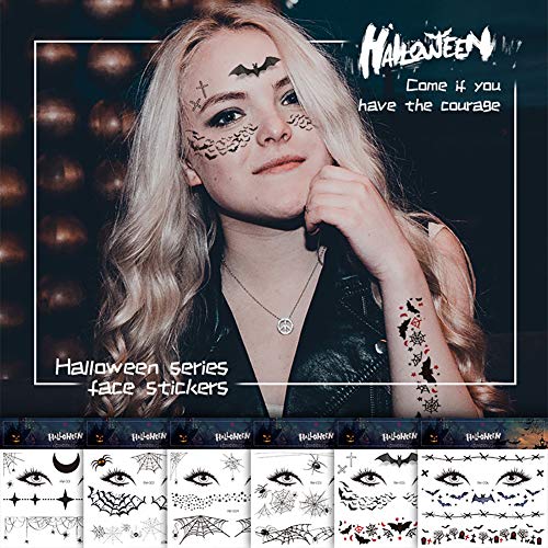 6 Pack Halloween Full Face Temporary Tattoo Stickers Day of the Dead Make Up Supplies Black Spider Webs Bats Eyes Spiders Moon Tattoos for Adult Kids Halloween Party Cospaly Favor Decorations