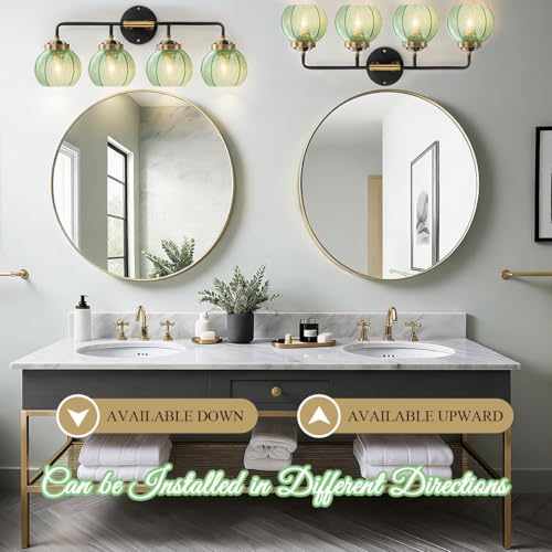 Image of Modern Vanity Light Bathroom 4-Light Fixtures Emerald Green Glass | Vintage 5.9inch Globe Shade Vanity Table Indoor Deco Lighting Black Gold Finish E26 Base, Mirror Over , Kitchen, Cabinet