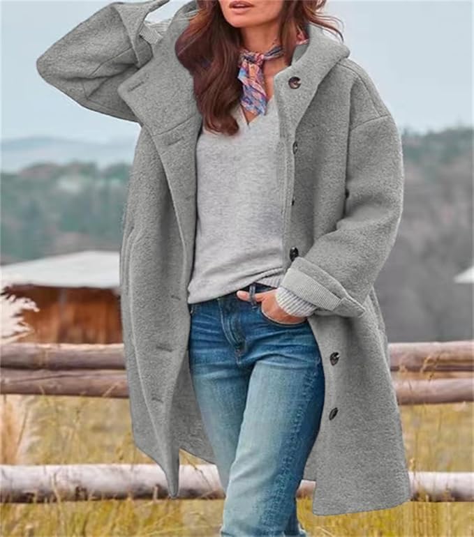 Women's Winter Single Breasted Long Wool Coat with Hood Casual Wool Blend Trench Button Polo Collar Pea Jacket - Image 2