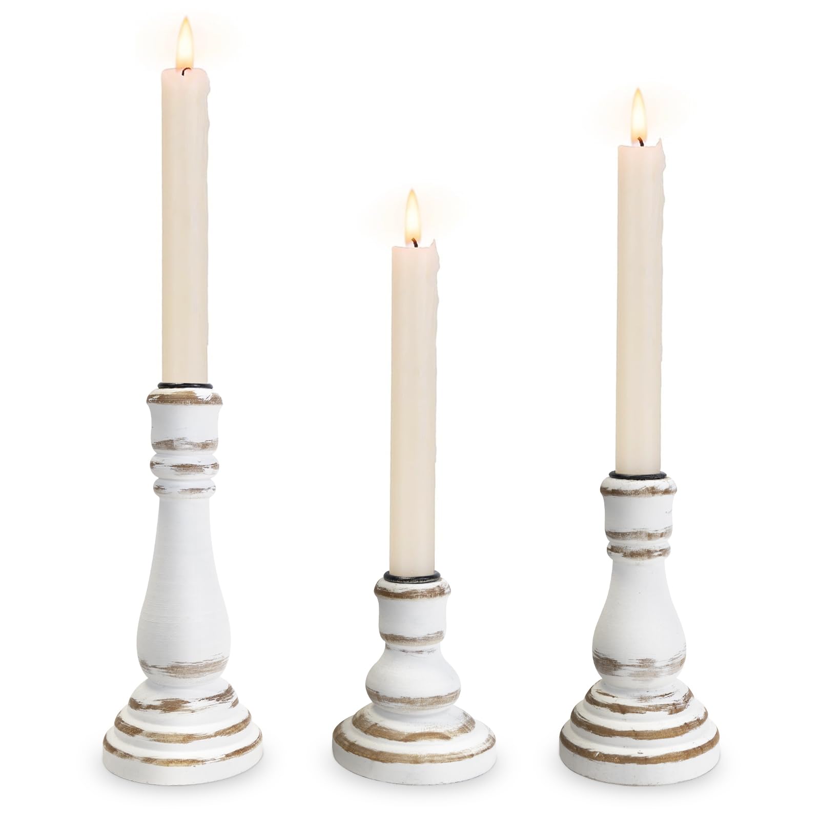 Taper Candle Holders Set of 3, Rustic Wooden Candlestick Holders, Farmhouse Wood Candle Stand, Vintage Candles Stick Tapered Holder for Living Room, Table Centerpiece (Vintage White)