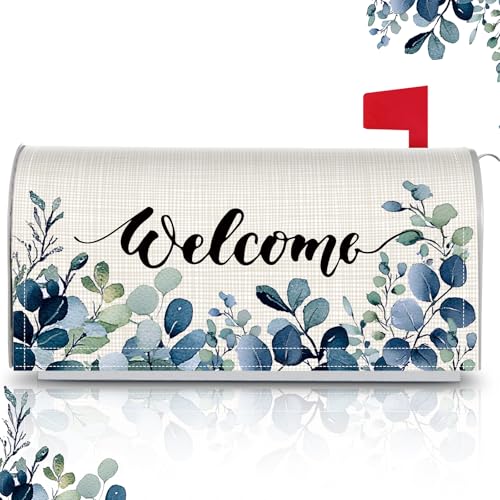 Image of Tiamon Blue Eucalyptus Mailbox Covers Magnetic Summer Welcome Letter Box Wrap Standard Size 21x18 Inch Spring Eucalyptus Leaves Mailbox Decor Summer Post Letter Box Decoration for Outdoor Garden Yard