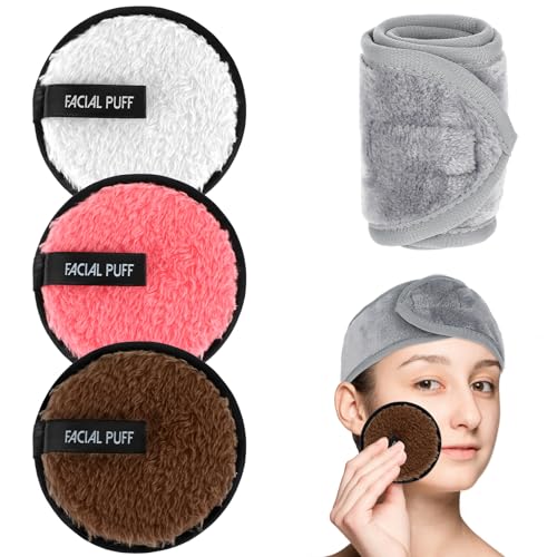 Aster 4 Pcs Soft Makeup Remover Pads with Spa Facial Towel Headbands, Reusable Face Cleansing Pads, Microfibre Cotton Make Up Pads/Wipes Face Cleansing Cloths for All Skin Type