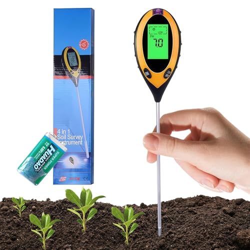 Soil Meter 4-in-1 Soil Moisture Meter Digital Plant Temperature PH Meter Sunlight Intensity Backlight LCD Display Soil Test Meter Compact & Lightweight for Gardening Farming House/Outdoor Plants