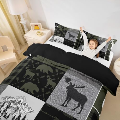 Hunting Rustic Lodge Duvet Cover Full, Deer Bear Patchwork Bedding Set Retro Cabin Lodge Comforter Cover For Kids Teens Adult Men, Camping Moose Elk Quilt Cover With 2 Pillow Cases, Grey Black