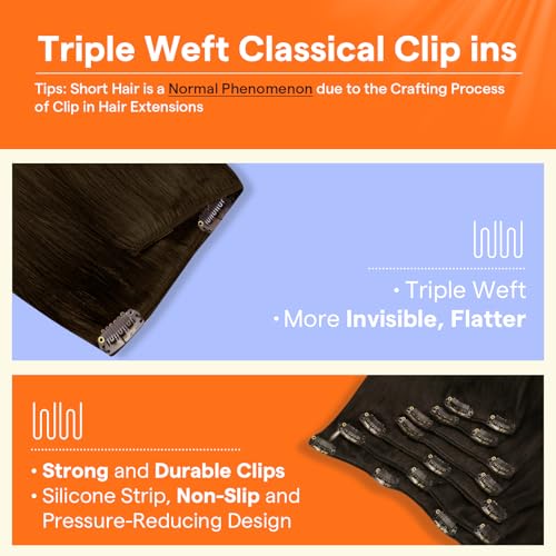Image of Full Shine 26 Inch Dark Brown Clip in Human Hair Extensions | Soft Straight Brown Remy Human Hair Clip in Extensions for Long Hair, 7 Pcs 150g