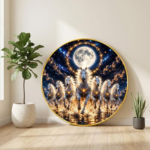 Image of SAF 7 Horse Moon Round Wall Painting with Premium PVC Golden Frame, White Running Horses Night Sky Vastu Art for Living Room Office Home Decor Gift (23 x 23 Inch) GR-443