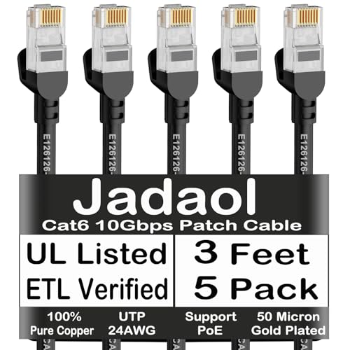 Jadaol Cat6 Ethernet Patch Cables 3ft 5-Pack 10Gbps 24AWG Pure Copper RJ45 Cat6a Patch Cable Support Cat8/7 Network Outdoor&Indoor Rated for Patch Panel to Switch Server Router Modem PC - Black