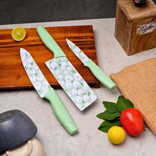Image of Professional Piece Kitchen Knife Set - High Carbon Stainless Steel Chef, Utility & Santoku Knives with Ergonomic Blue Handles Knife (Light Green, 3 piece)
