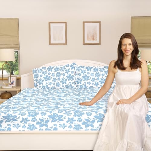 Image of Haus & kinder Double Bedsheet for Queen Size Bed | 90 x 100 Inches 144 TC Cotton Bedsheet for Double Bed with 2 Pillow Covers - Bluebell Whisper
