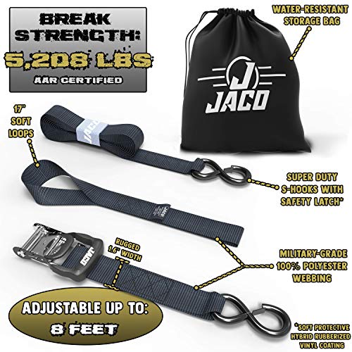 JACO Heavy Duty Ratchet Straps - 1.6 inch x 8 ft (Pack of 4) | Tie Down Kit with Soft Loops - 5,208 lbs (Black) by JACO Superior Products - Image 2