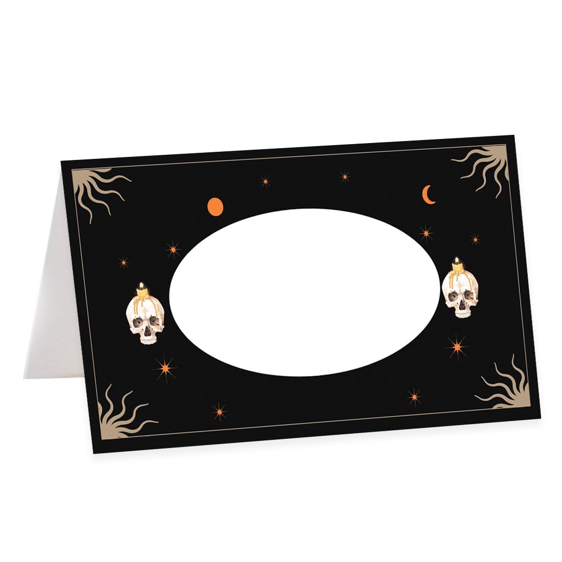Andaz Press Halloween Name Place Cards for Table Setting, Celestial Moon Blank Food Labels for Party Buffet Cards, Dessert Table Display, Scored Mini Signs Food Display, 24 Pack 2 x 3.5