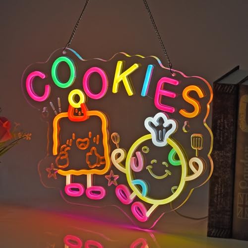 Image of Cookies Neon Sign, Neon Lights Hanging Wall Art Decoration for Store Retail Shop Market Mall Grocery Bakeries Cafes Celebration Home Decor, USB Powered Ultra Bright Dimmable, 15.75x11.8inches