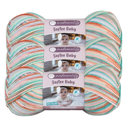 Image of Makromecity Softee Baby Yarn,%100 Premium Anti-Pilling Acrylic, 3.5 Oz, 273 yd (100gr /250 mt), Soft Yarn for Crocheting and Knitting (Eucalyptus Dream, 3 Skeins)