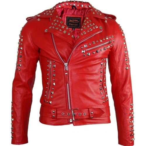 MDM Herren Biker Lederjacke mit Nieten Verzierung, Rot, Rindsleder (Gr. 3XL)