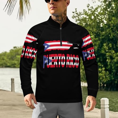 Puerto Rico Map Flag Men's Rash Guard Long Sleeves Quick Dry Fishing Workout Shirts with Zipper2