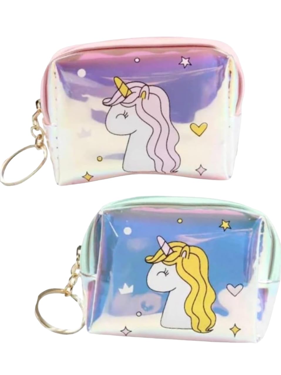 Pack of 2- Unicorn/Mermaid Themed Wallet | Coin Pouch Keychain | Holographic Glitter Clutch | Earphone Case | Multi-Purpose Organizer for Girls and Women