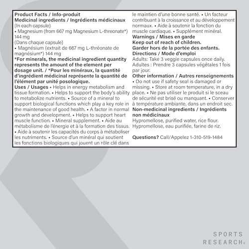 Sports Research® Magtein Magnesium L-Threonate Capsules - Magnesium Supplement for Memory, Focus & Cognition - 144mg Elemental Magnesium per Dose - Supports Sleep & Mood, 90 Capsules for Adults - 4