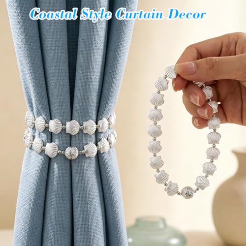 Image of HASTHIP 2Pcs White Seashell Chain Curtain Tiebacks for Heavy Drapery, Magnetic Curtain Holdbacks, Decorative Coastal Curtain Tie Back for Living Room & Bedroom, 40cm