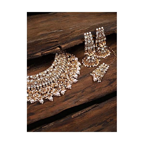 ZAVERI PEARLS Gold Tone Kundan & Pearls Bridal Choker Necklace Set For Women-ZPFK8454 - Image 6