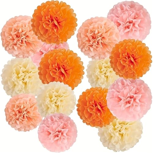 Pompom Papier 15 pompons en papier de soie – Rose, bleu, vert, jaune, violet – Décorations florales en papier plus colorées for les fêtes(Orange)