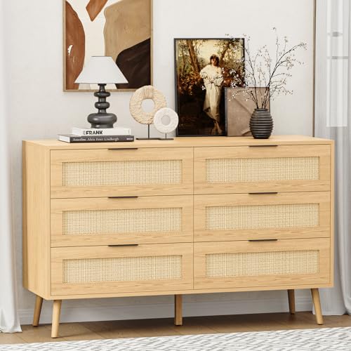 Image of MAISONPEX Dresser for Bedroom, Natural Rattan Closet Dresser with 6 Drawer, Wooden Dresser Chest of Drawers, Closet Dressers Chest for Nursery, Hallway, Living Room