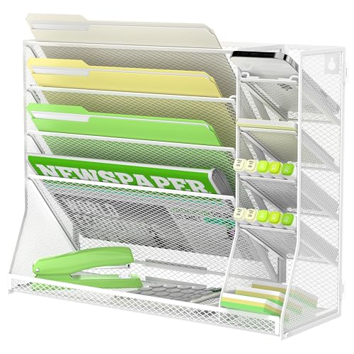 SUPEASY Wall File Organizer, 5-Tier Desk Organizer with 4 Pen Holders, Wall Organizer for Office with R-shaped Bottom Tray, Desk Organizers and Accessories for Office Supplies, Whi image 4